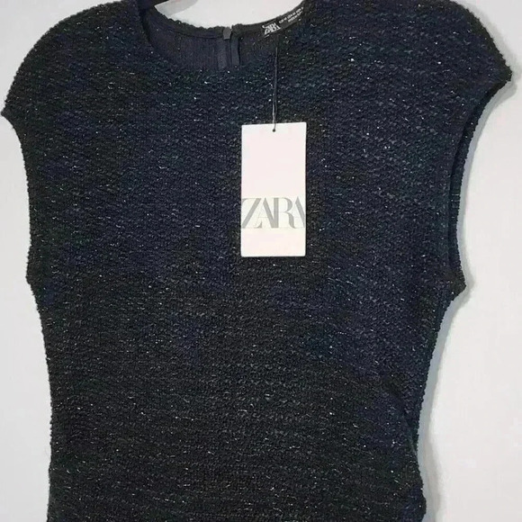 ZARA SHINY METALLIC THREAD DRESS SIZE MEDIUM BLACK GOLD NWT BODYCON‎ SHIMMER - Picture 2 of 8